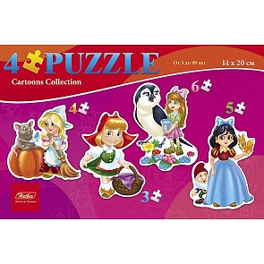 Пазл 3-4-5-6 элементов 4 картинки в 1 коробке - Девочки из сказок, размер 20 х 14 см (Hatber, ПЗ5-11475)